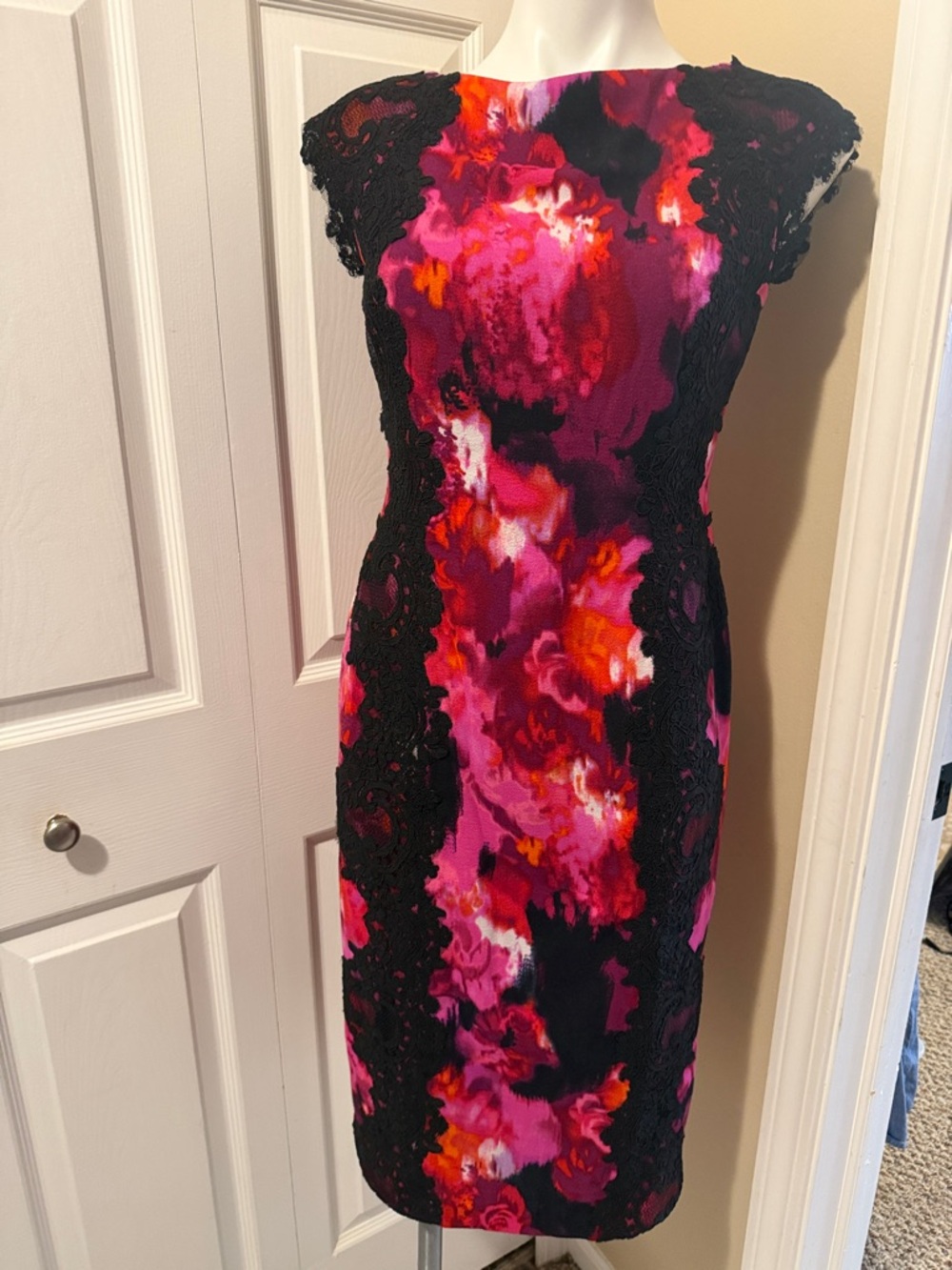 Maggy London Pink & Black Floral Sheath Midi Dress, Size 4